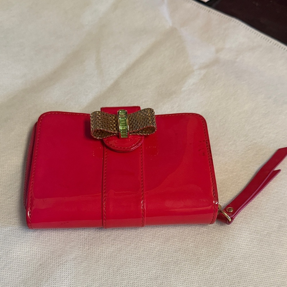 Christian Louboutin Glossy Pink Patent Zip Wallet with Gold Bow